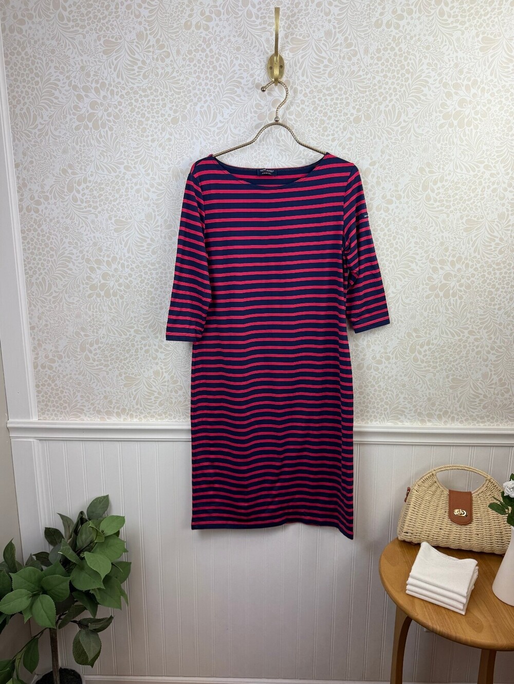 Saint James Propriano III Red & Navy Striped 3/4 Sleeve Midi Dress - Size - 8